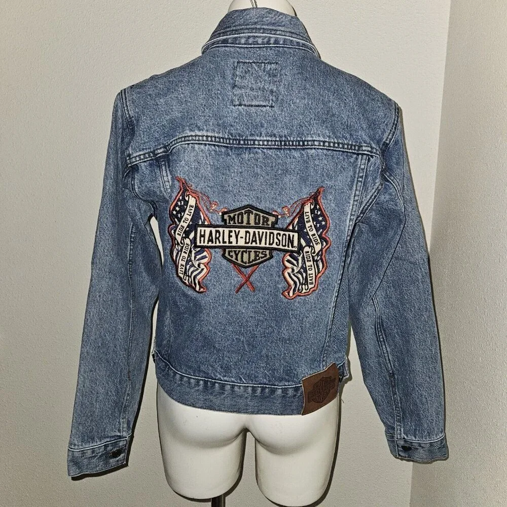 Biker Blues Harley Davidson Cropped Denim Jacket Embroidered Flags Ladies Small - Picture 4 of 14